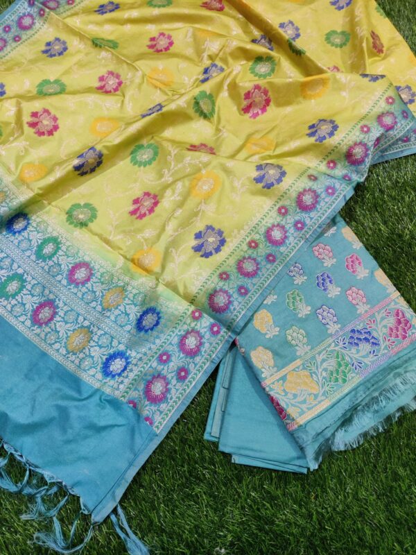 Yellow & Sky Blue Banarasi Katan Dupion Silk Salwar Kameez Unstitched Suit Set