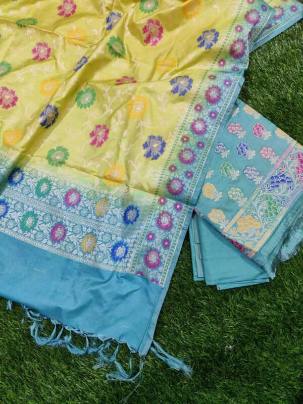 Yellow & Sky Blue Banarasi Katan Dupion Silk Salwar Kameez Unstitched Suit Set