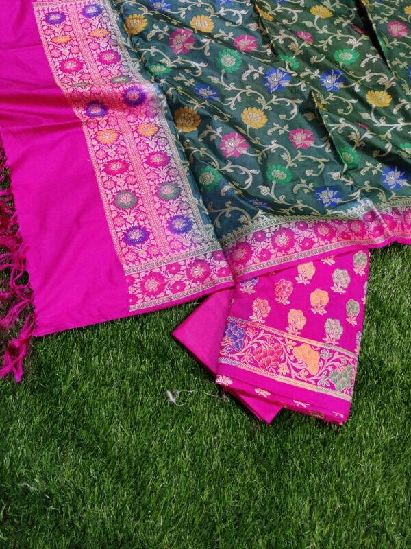 Green & Rani Pink Banarasi Katan Dupion Silk Salwar Kameez Unstitched Suit Set