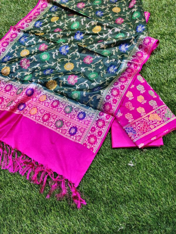 Green & Rani Pink Banarasi Katan Dupion Silk Salwar Kameez Unstitched Suit Set