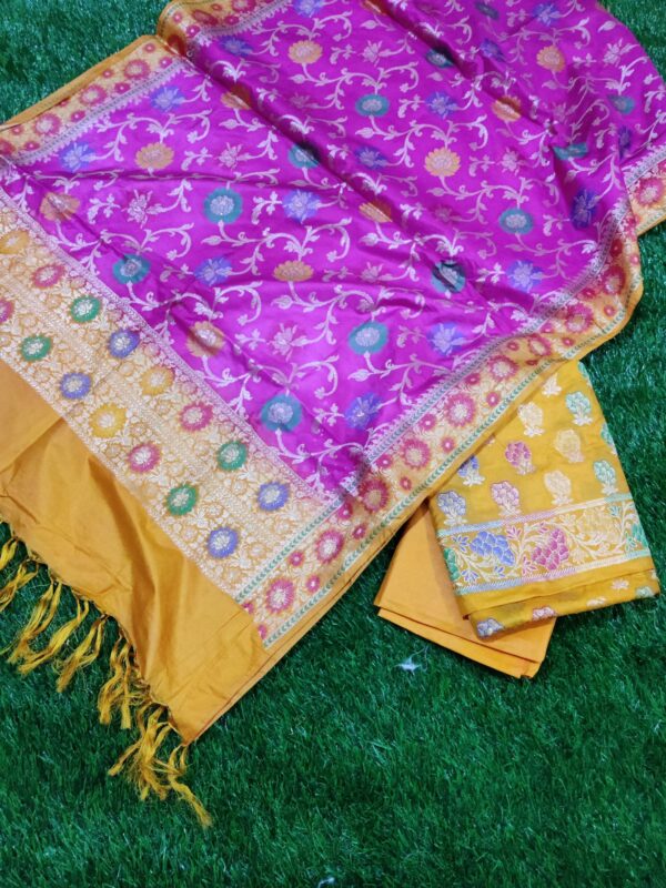 Gold Yellow & Purpal Banarasi Katan Dupion Silk Salwar Kameez Unstitched Suit Set
