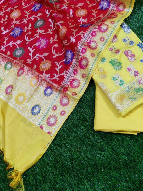 Yellow & Red Banarasi Katan Dupion Silk Salwar Kameez Unstitched Suit Set