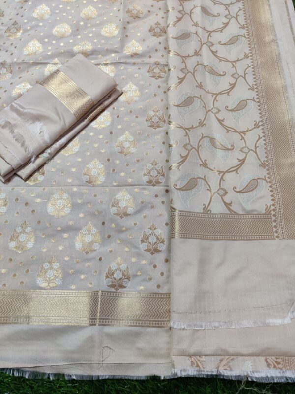 Cream Banarasi Katan Silk Tifli Meena Weaved Unstitched Salwar Kameez Suit Set.