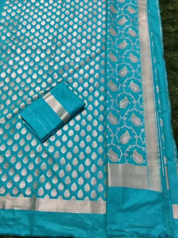 Sky Blue Banarasi Katan Silk Tifli Meena Weaved Unstitched Salwar Kameez Suit Set.