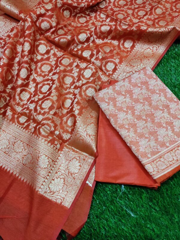 Orange Banarasi Cotton Silk Tanchuyi Brocade Weaved Unstitched Salwar Kameez Set.