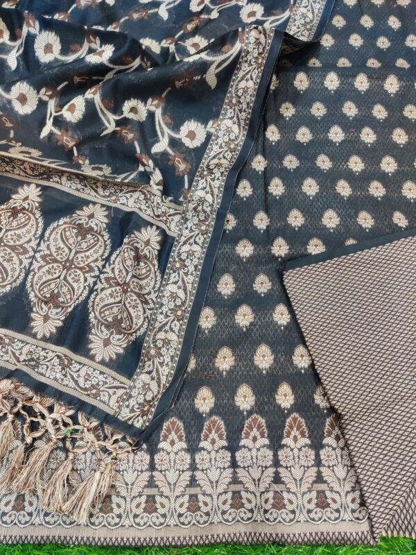 Black Banarasi Cotton Silk Resham Zari Weaved Unstitched Salwar Kameez Set.