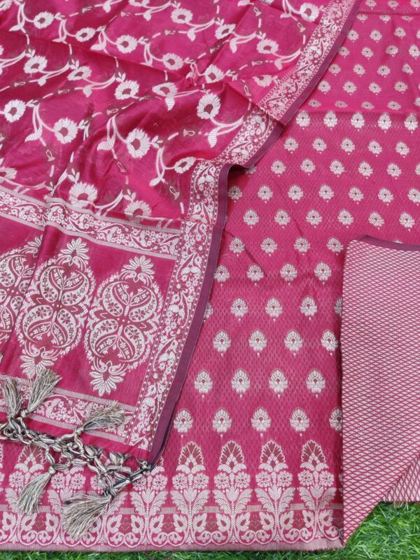 Banarasi Cotton Silk Resham Zari Weaved Unstitched Salwar Kameez Set.