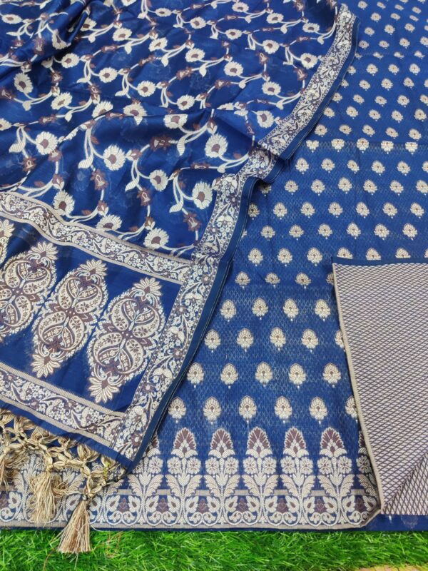 Blue Banarasi Cotton Silk Resham Zari Weaved Unstitched Salwar Kameez Set.