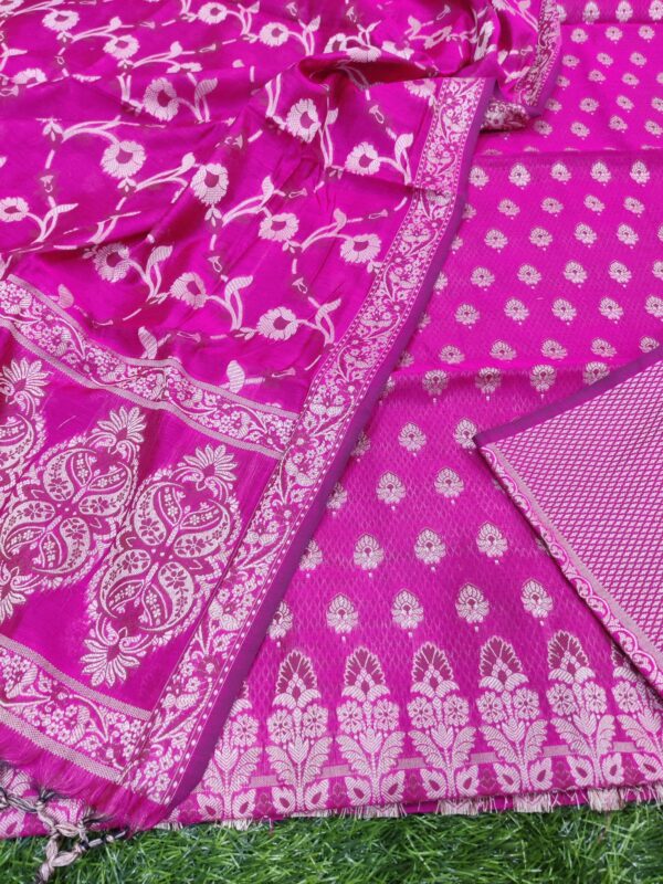 Rani Pink Banarasi Cotton Silk Resham Zari Weaved Unstitched Salwar Kameez Set.