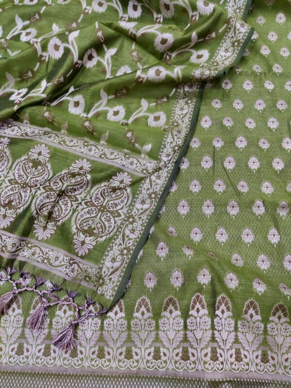 Green- Banarasi Cotton Silk Resham Zari Weaved Unstitched Salwar Kameez Set.