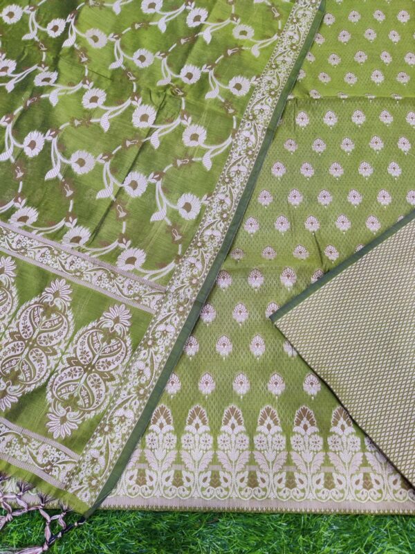 Green- Banarasi Cotton Silk Resham Zari Weaved Unstitched Salwar Kameez Set.