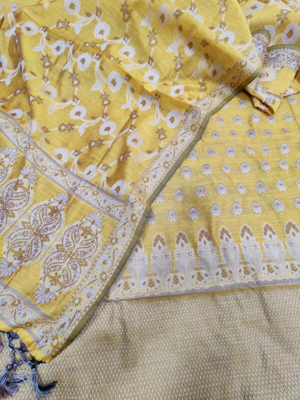 Yellow- Banarasi Cotton Silk Resham Zari Weaved Unstitched Salwar Kameez Set.