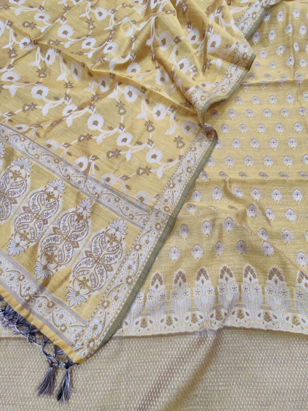 Yellow- Banarasi Cotton Silk Resham Zari Weaved Unstitched Salwar Kameez Set.