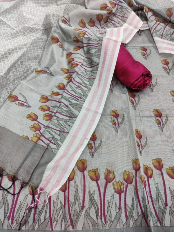 Grey- Chanderi Cotton Silk Printed Unstitched Salwar Kameez Set.