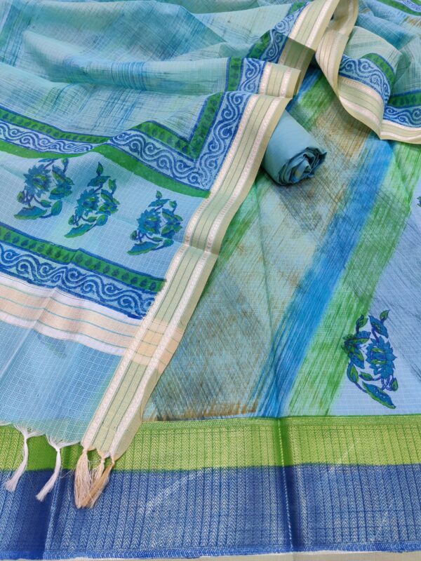 Sky Blue- Chanderi Cotton Silk Printed Unstitched Salwar Kameez Set.