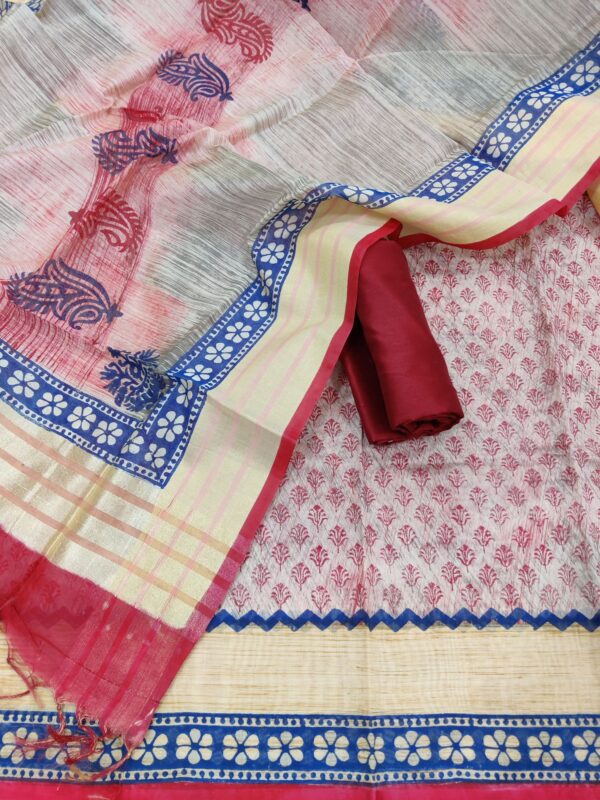 Red-Printed Chanderi Cotton Silk Unstitched Salwar Kameez Set.