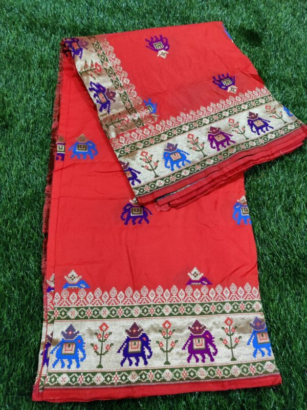 Banarasi Handlom Katan Silk Elephant Meena Weaved Saree-Red